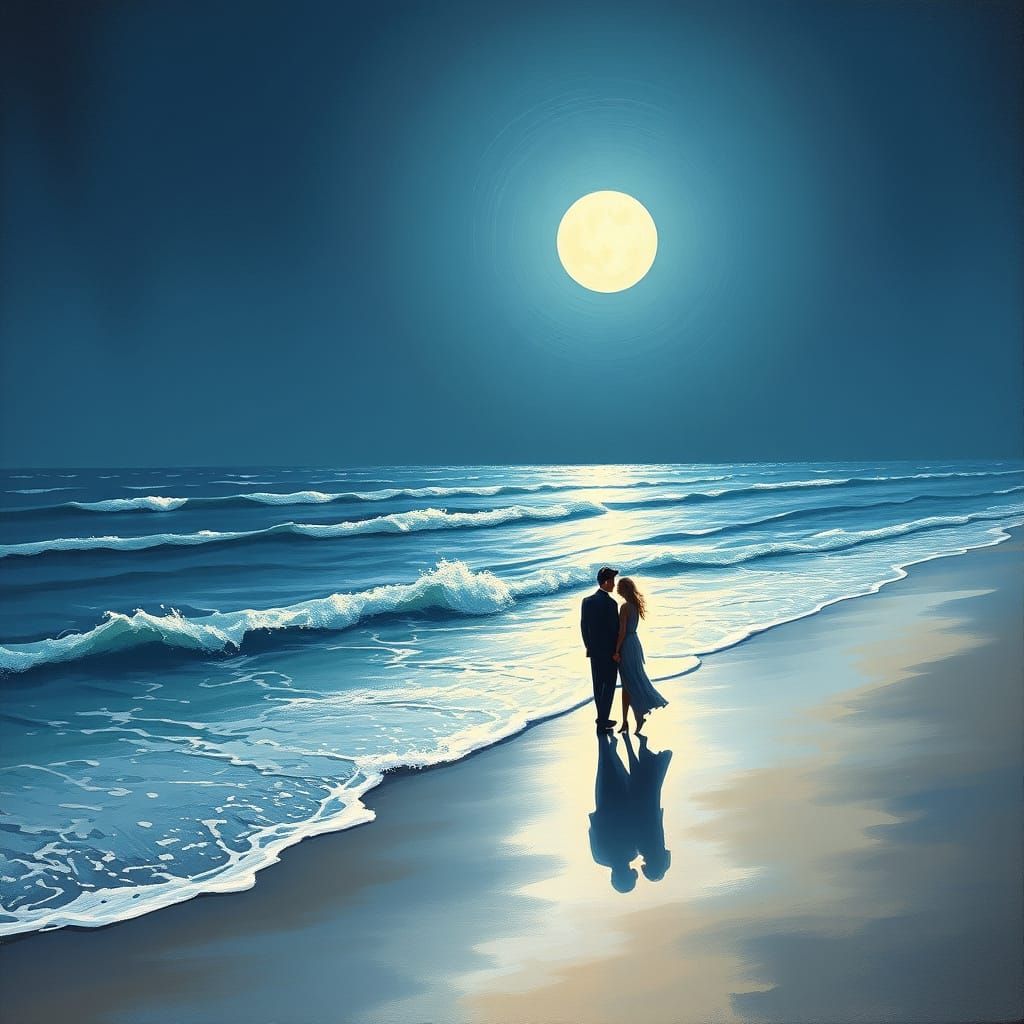 Moonlit Beach Romance: Impressionist Night Scene