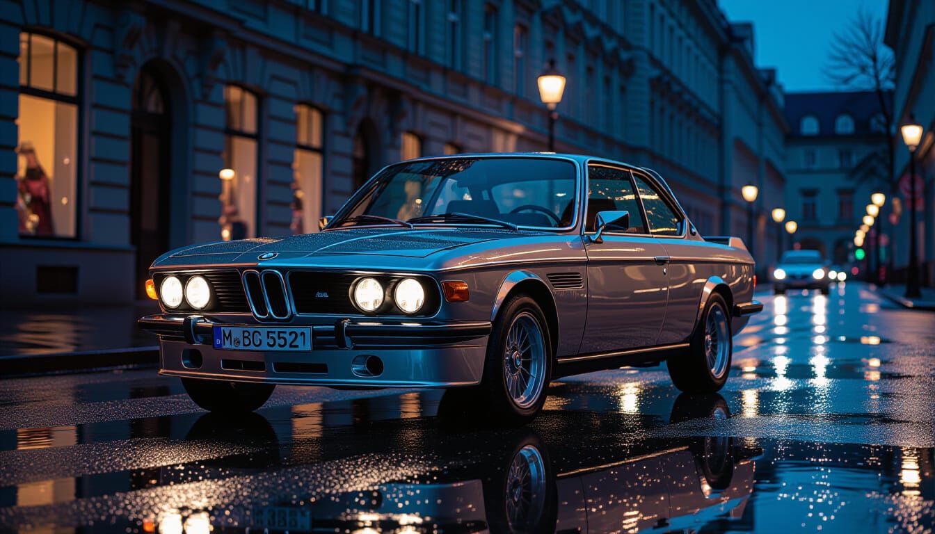 Silver 1972 BMW E9 CSL 3.5 on Wet Berlin Street
