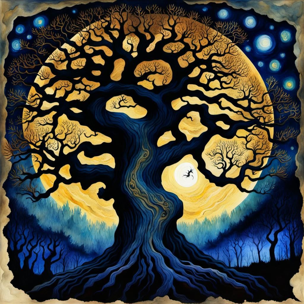 Spooky Luminous Elm Tree in Watercolor Style