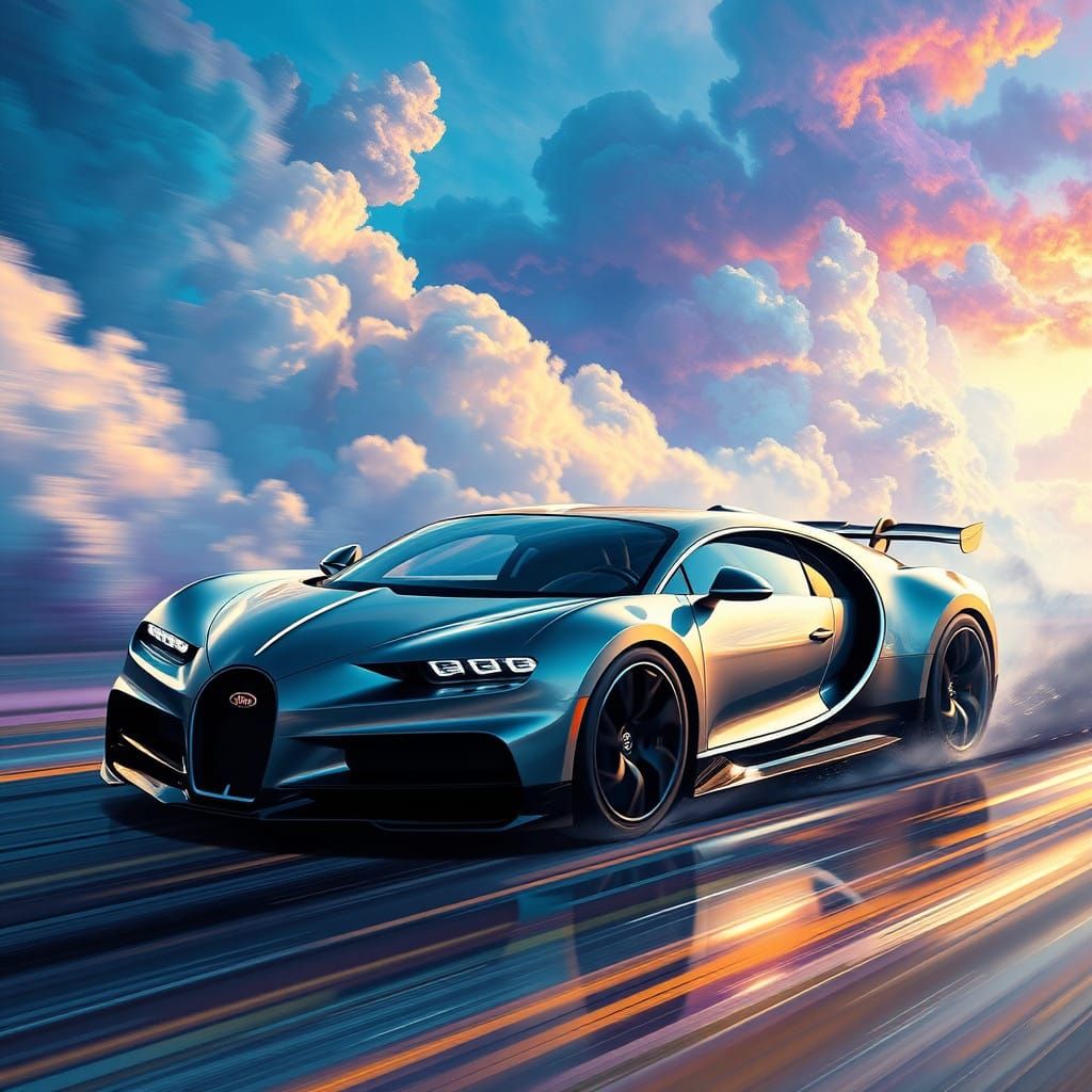 Sleek Silver Car Speeding Through Iridescent Landscape in Ma...