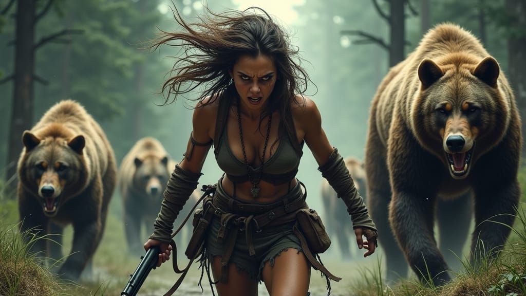 Furious Forest Warrior Unleashes Fury with Shotgun and Snarl...