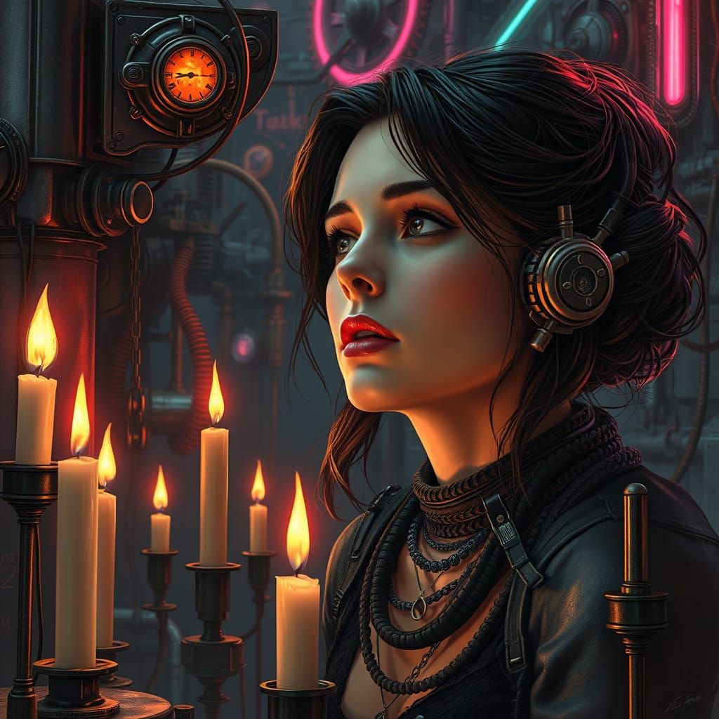 Introspective Woman in Steampunk Neon World