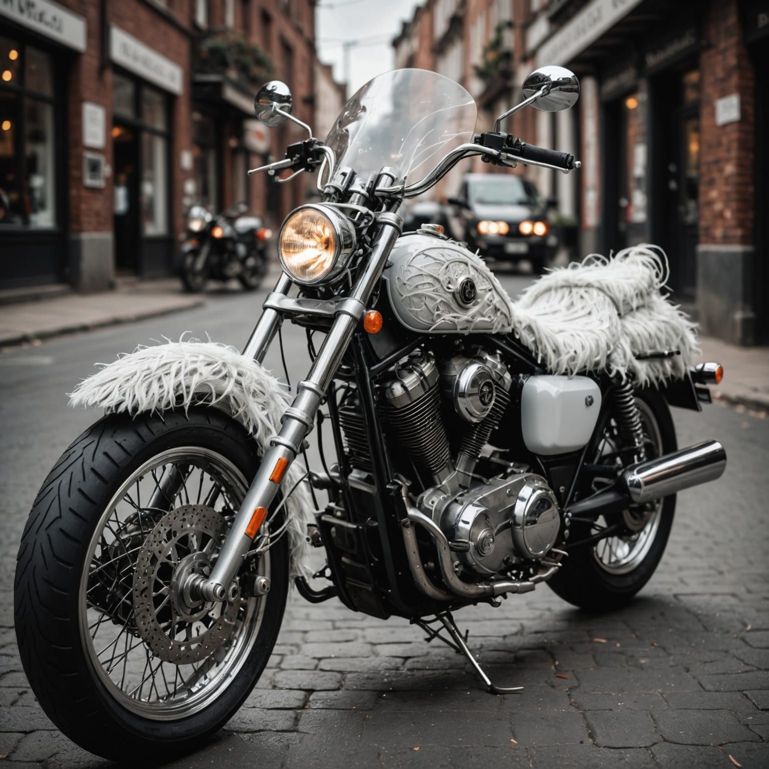 Motorcycle Adorned with White Hair: Hyperrealistic Detail