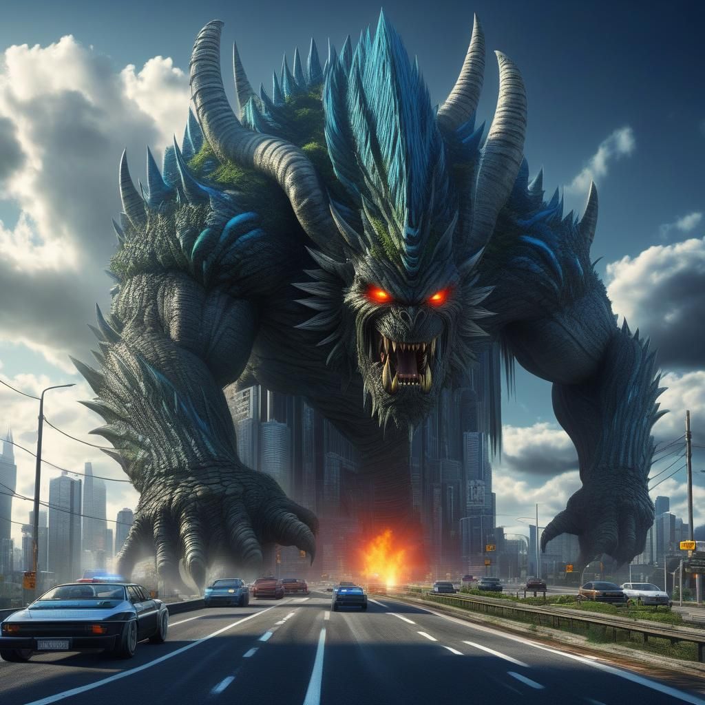 Hyperrealistic Monster Cityscape with Roads in HDR