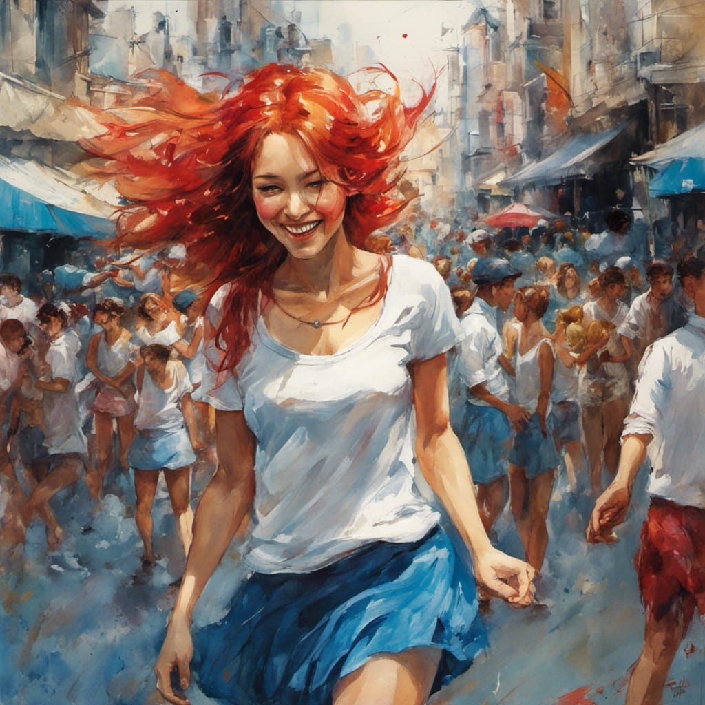 Redhead Girl's Joyful Dance: Silk Screen Watercolor