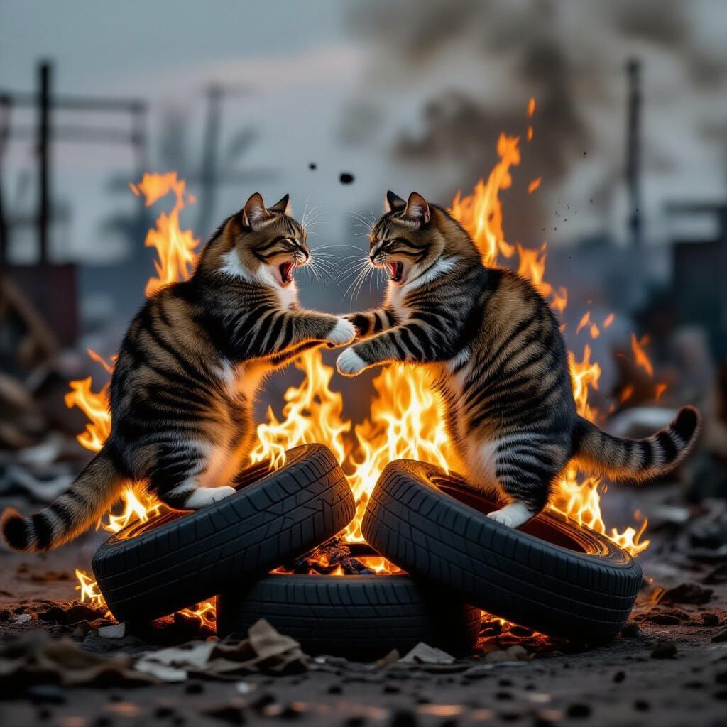 Feline Fury: Cats Battle in Burning Junkyard