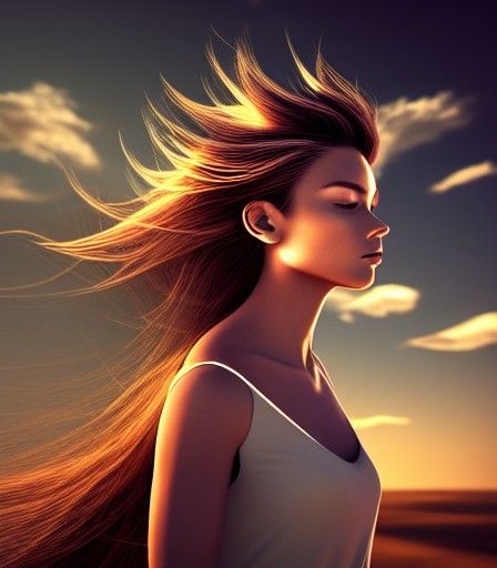 A Spiritual  moment alone , A Windswept woman long hair, rim...