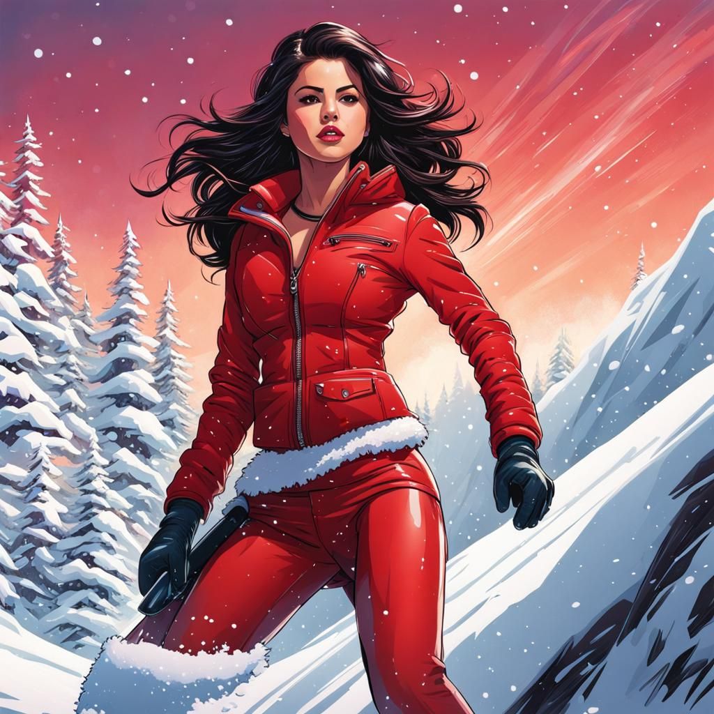 Comic Book Art: Woman Snowboarding in Red Bikini