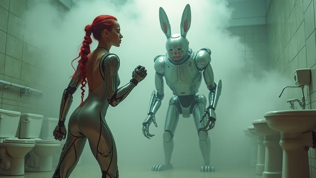 Gritty Cyberpunk Warrior in Steam-Filled Spa