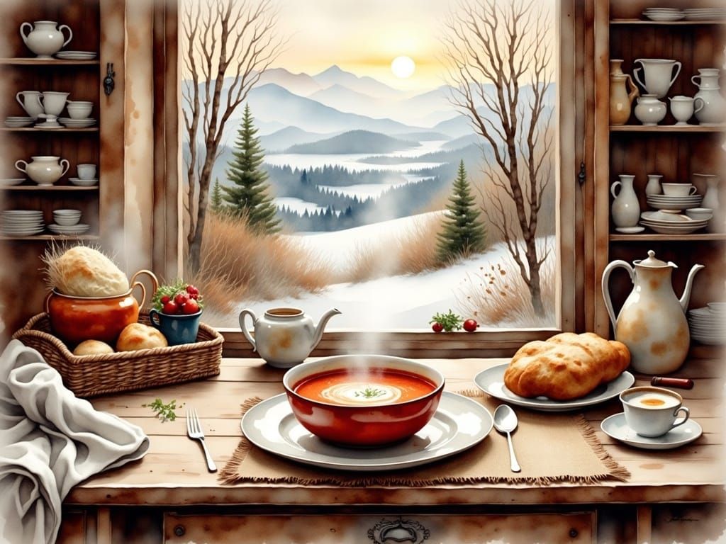 Cozy Winter Kitchen Scene in Antique Watercolor Style