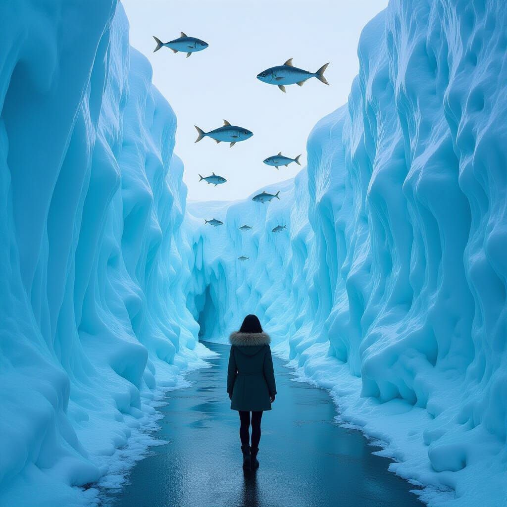 Frozen Water Walls with Suspended Fish