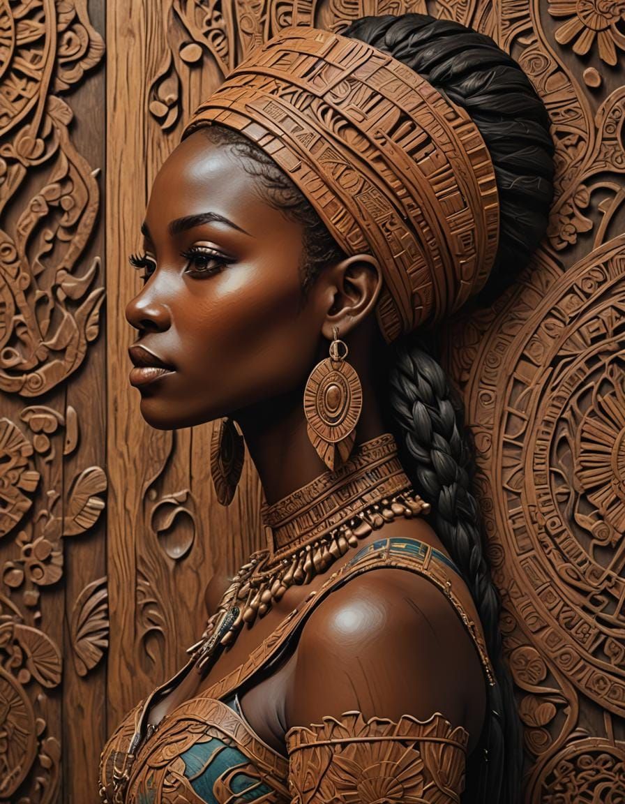 Teak Wood Carving of African Girl Silhouette