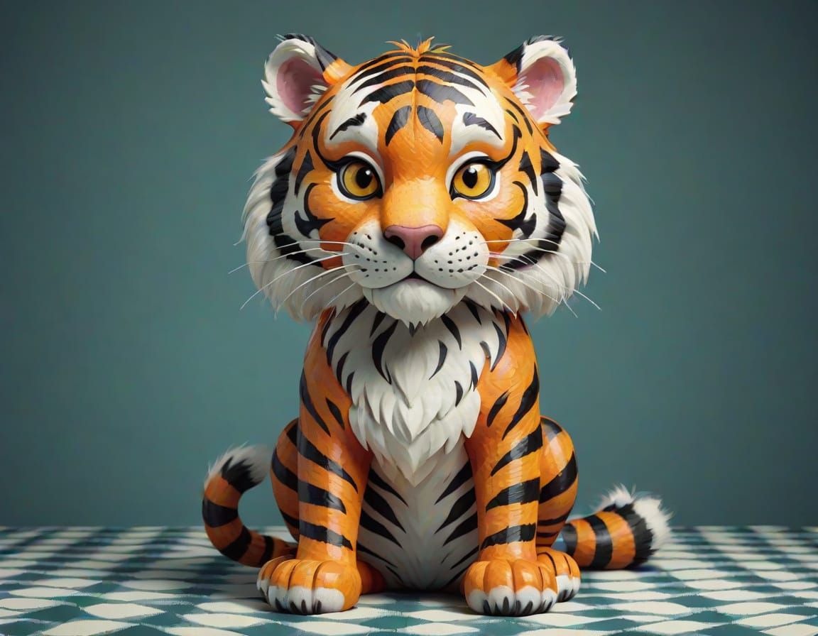 Ethereal Siberian Tiger with Gingham Patterns and Dark Fanta...