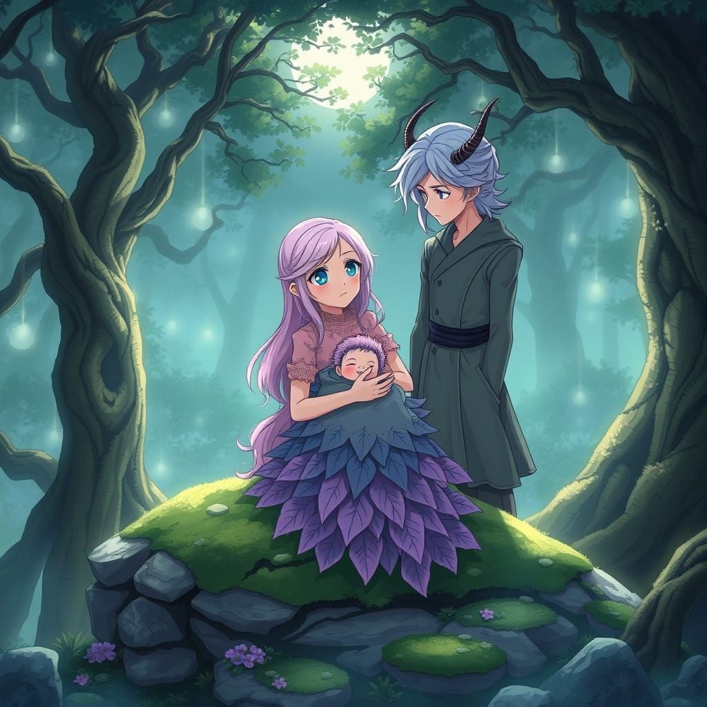 Mystical Forest Scene with Family in Gentle Moonlight