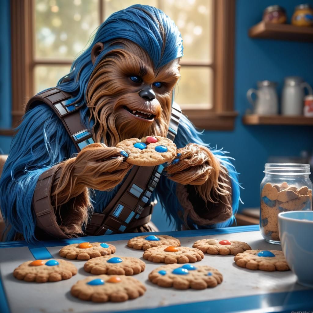 Hyperrealistic Bright Blue Wookie Eating Cookies