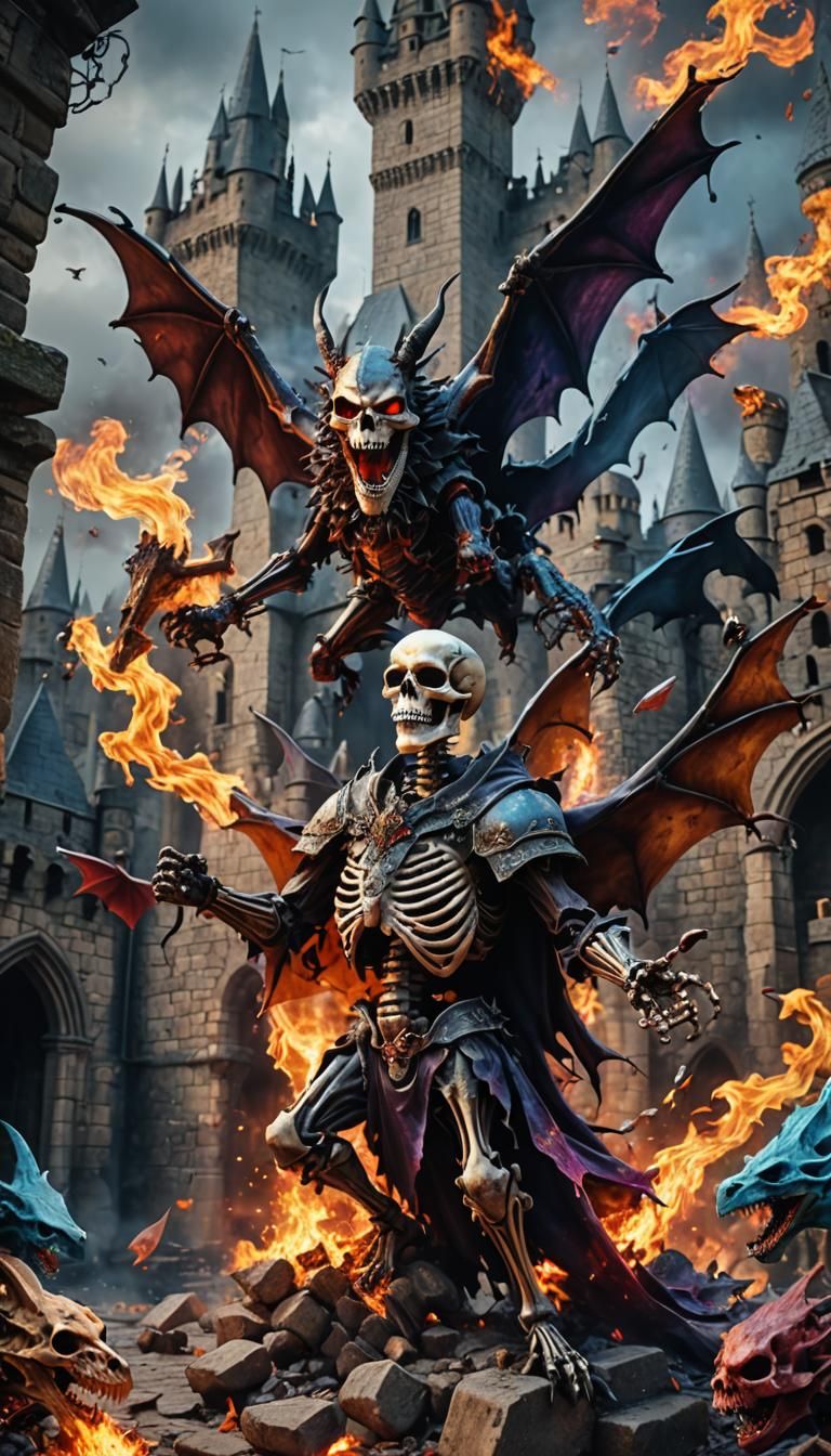 Psychedelic Skeletons and Dragons Battle in Medieval Castle