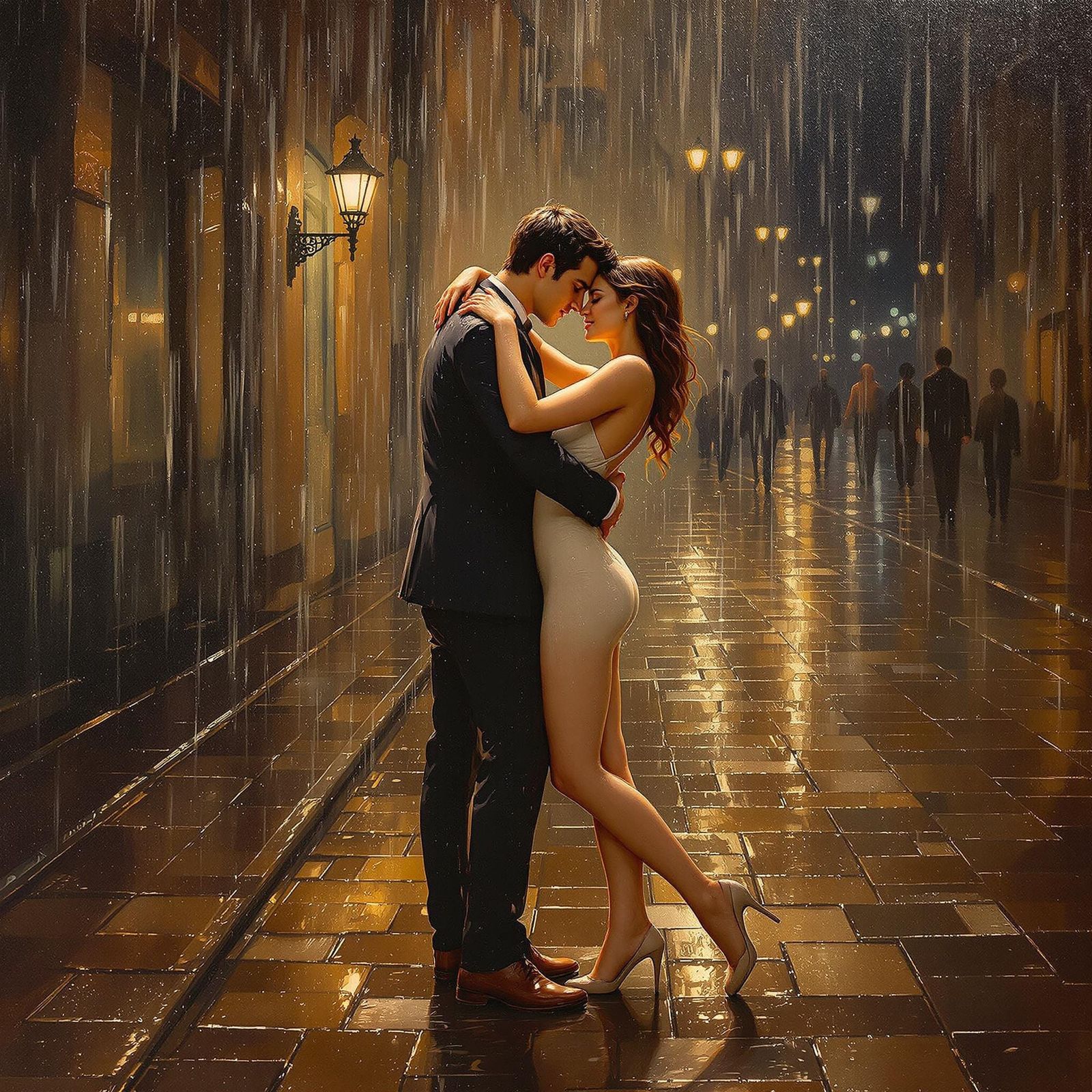 Lovers Embrace in Rain, Impasto Oil Painting