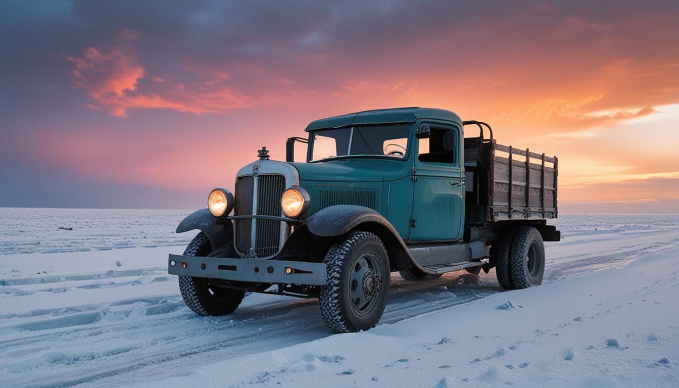 Frost-Covered Steam Engine on Ice Road