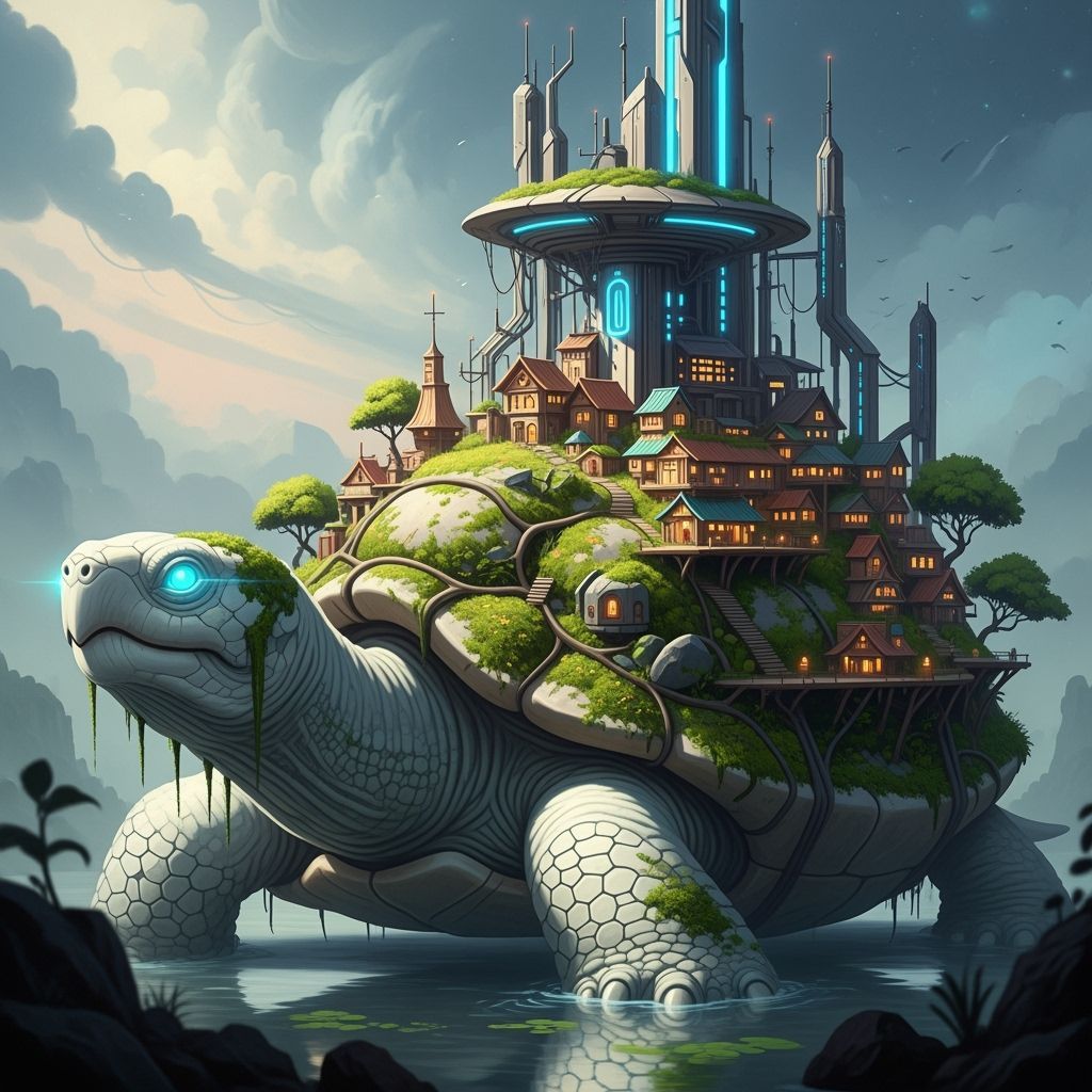Ancient Turtle Village with Futuristic Structures