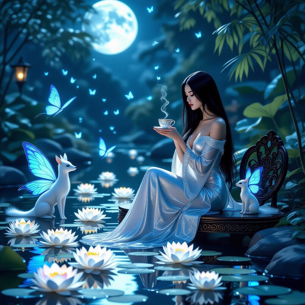 Moonlit Garden Serenity: Woman, Luminous Lotuses, and Enchan...