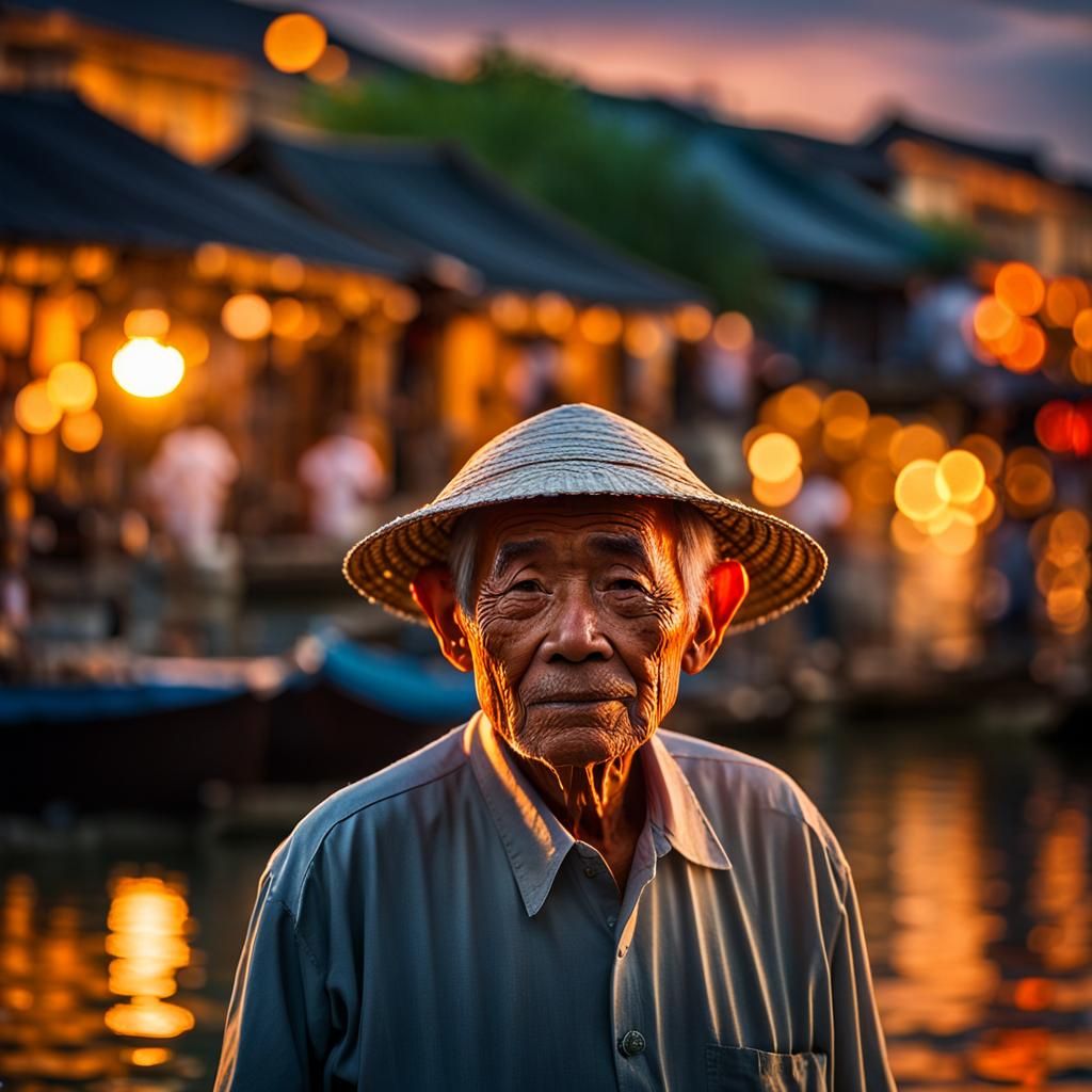 Vietnamese Man in Hoi An Sunset: Hyperrealistic Photo