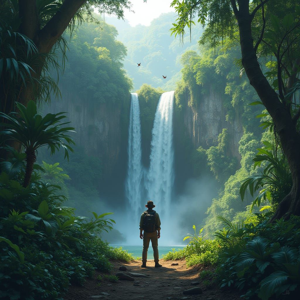 Explorer at Jungle Waterfall in Hyperrealistic Style