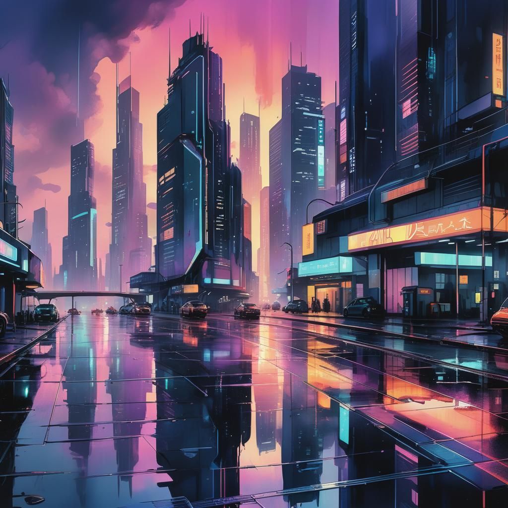 Vibrant Manga Cityscape at Dusk in Watercolor Style