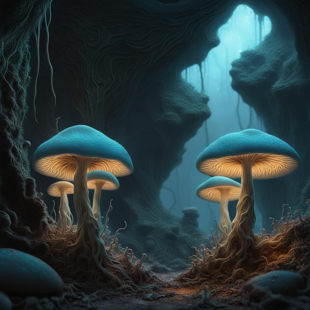 Bioluminescent Mushrooms in Mystical Cave, Digital Art