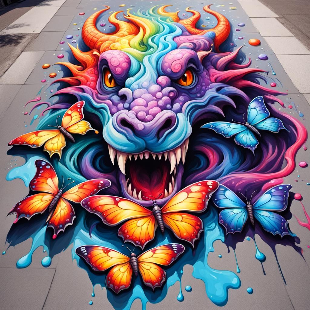 Colorful Sidewalk Chalk Art of Dragons and Rainbows