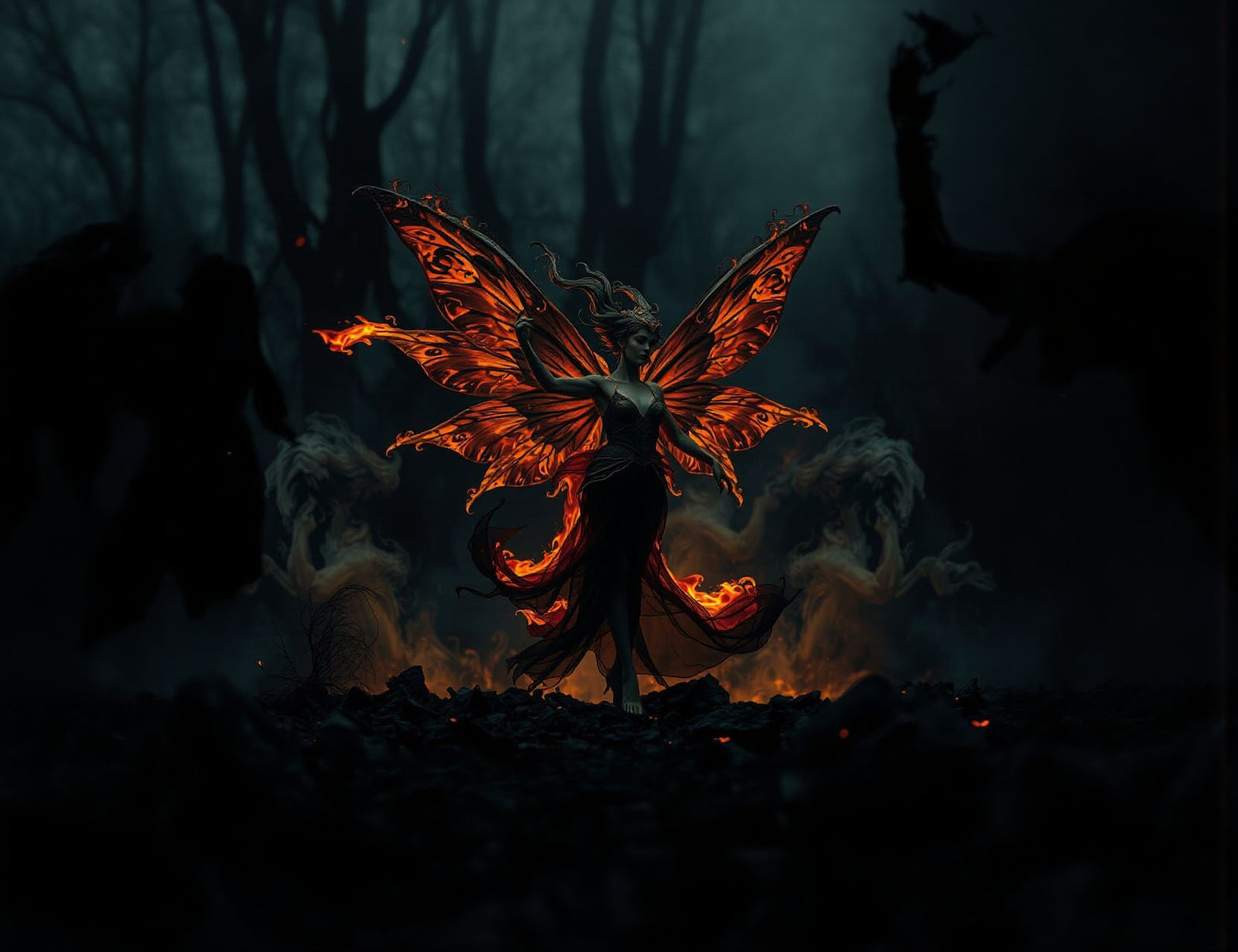 Ethereal Ash Fairy Dances in Charred Forest