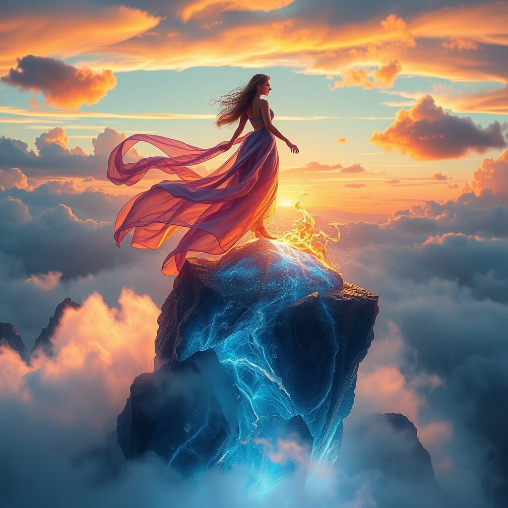 Ethereal Goddess amidst Luminous Crystal Rock in Vibrant Sun...