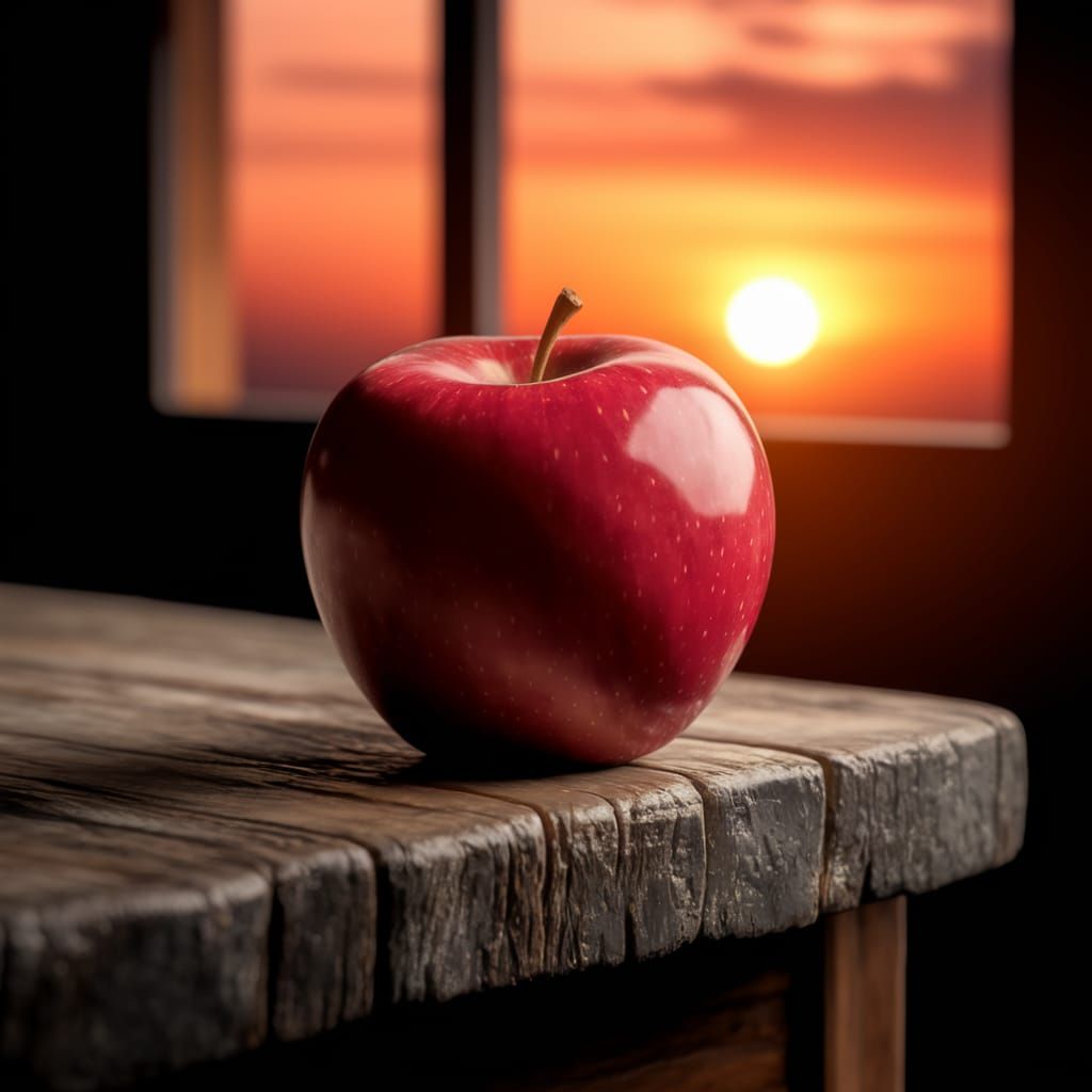 A Red Apple Teeters on the Edge of a Wooden Table at Sunset