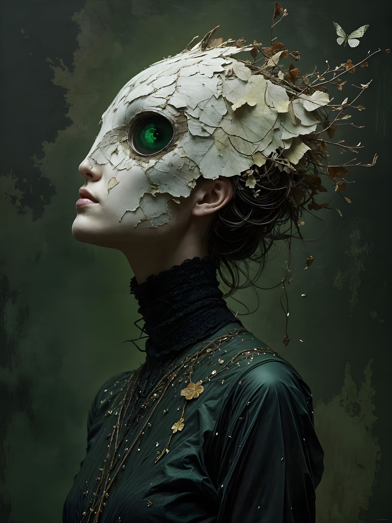 Whimsical Fantasy Creature with Flaking Head in Dark Realism