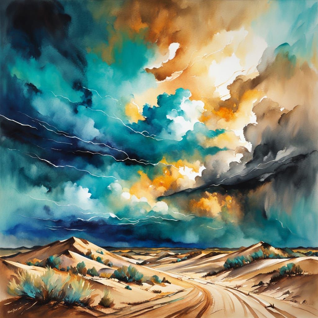 Desert Storm in Expressionist Watercolor Style