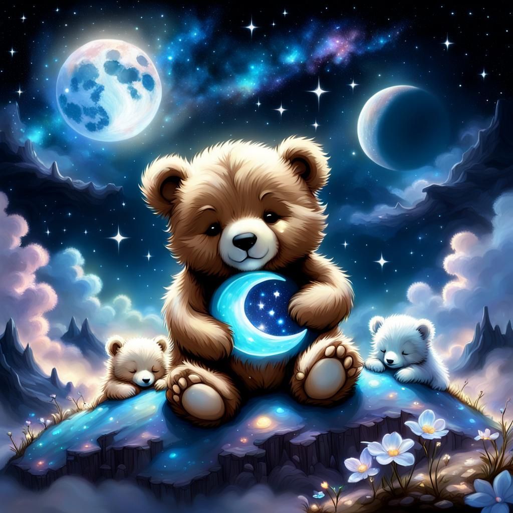 Chibi Bears Sleeping on Bioluminescent Moon