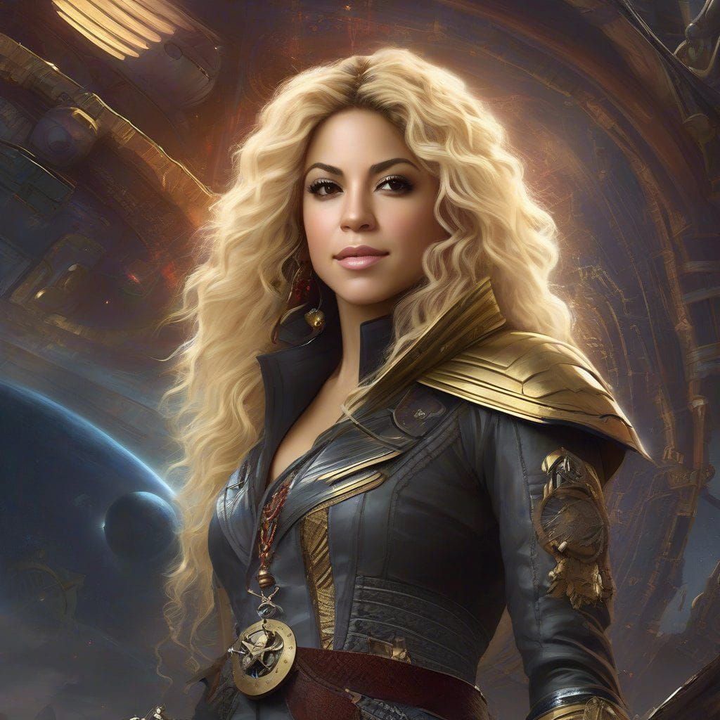Portrait of shakira as Space Pirate Captain Harlock from disney movie "Pirates of the space".  Intricate _details. Elabo...