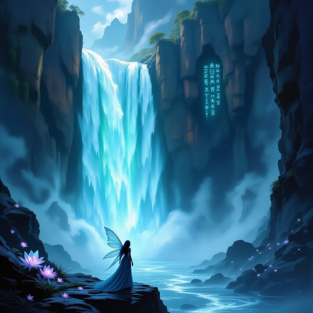 Ethereal Fairy at Bioluminescent Waterfall Abyss