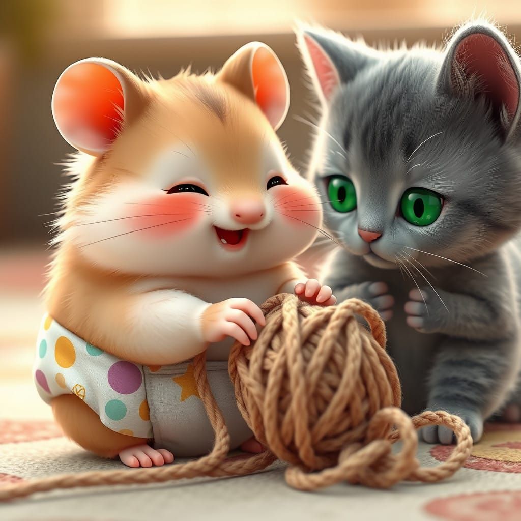 Chubby Hamster Plays with Curious Grey Kitty in Whimsical An...
