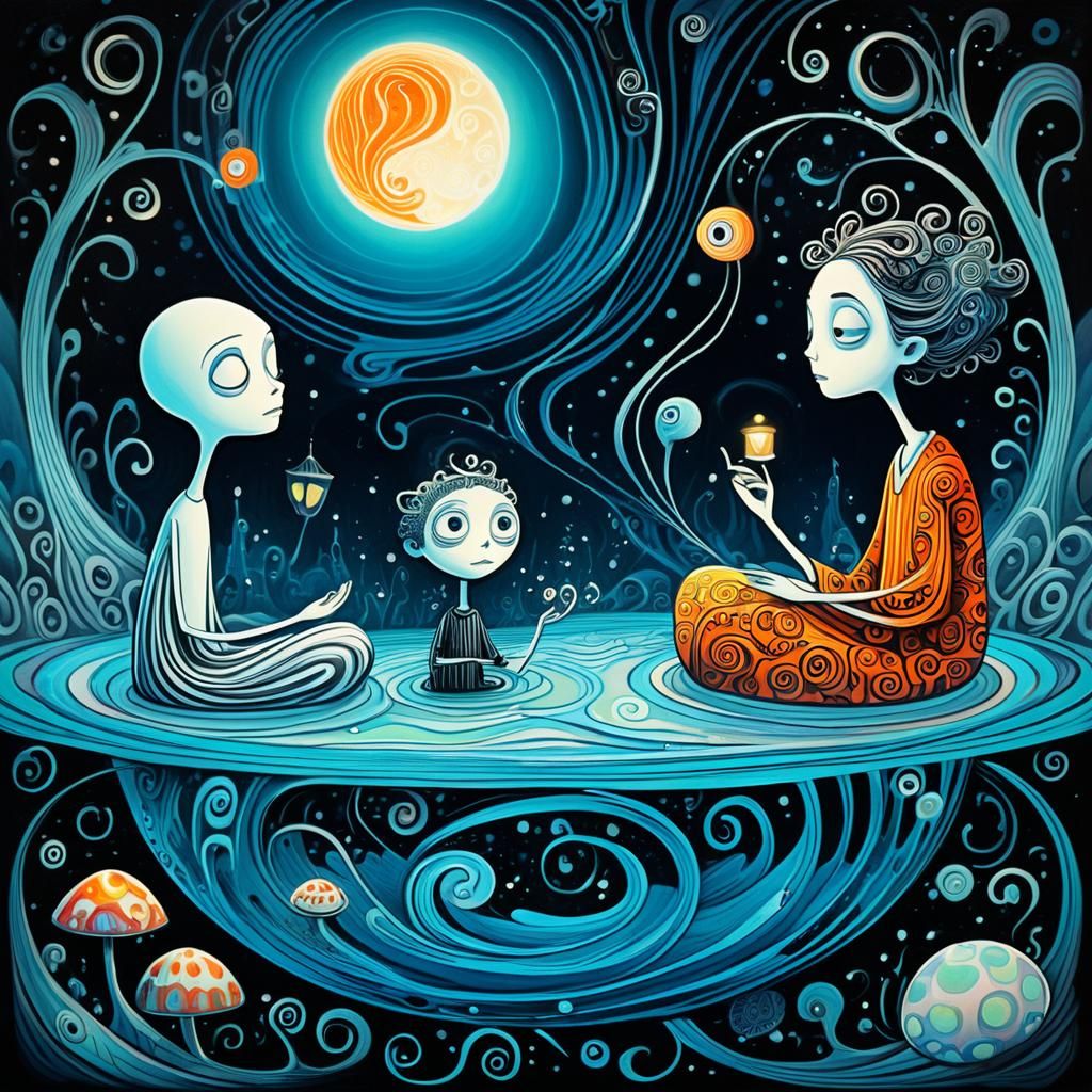 Id, Ego, and Super-Ego in Surreal Cartoon Style