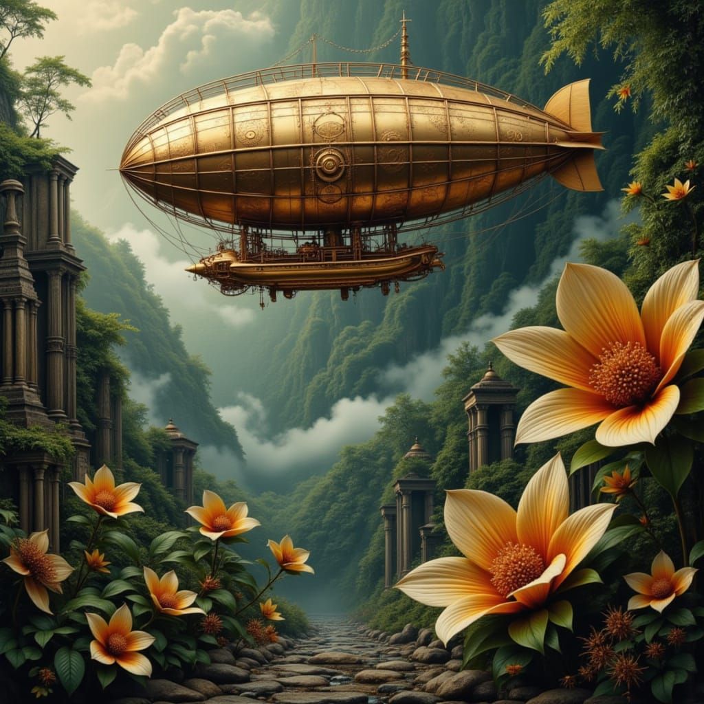 Steampunk Airship Over Jungle Ruins
