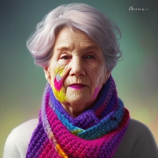 Grandma Crocheting a Colorful Scarf: Hyperdetailed Portrait