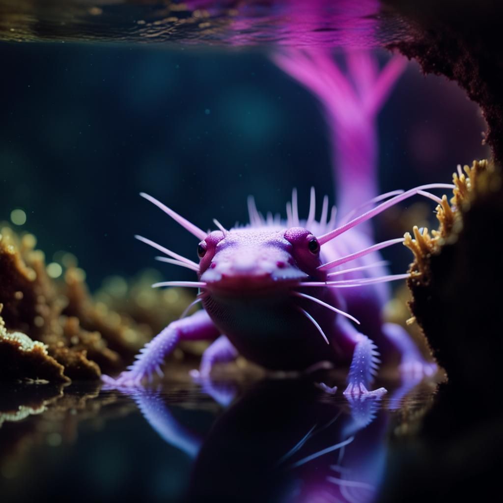 Mystical Axolotl in a Dark Underwater Cave