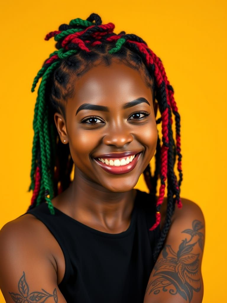 Photorealistic Portrait of Smiling Woman with Green & Red Ha...