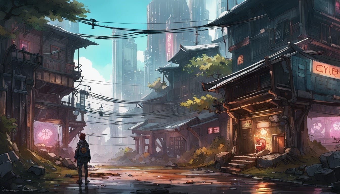 Cyberpunk Teyvat Landscape in Anime Style