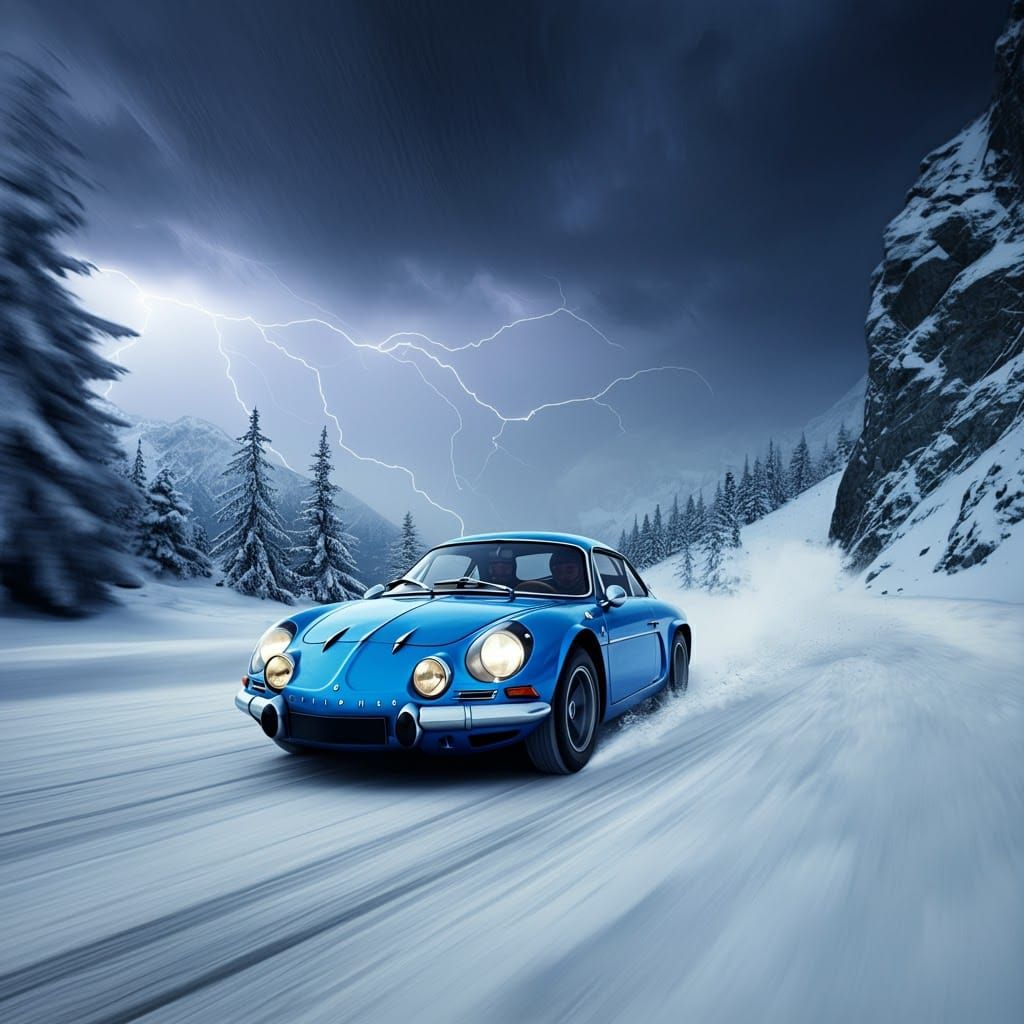Alpine A110 Drifting in Snow with Lightning