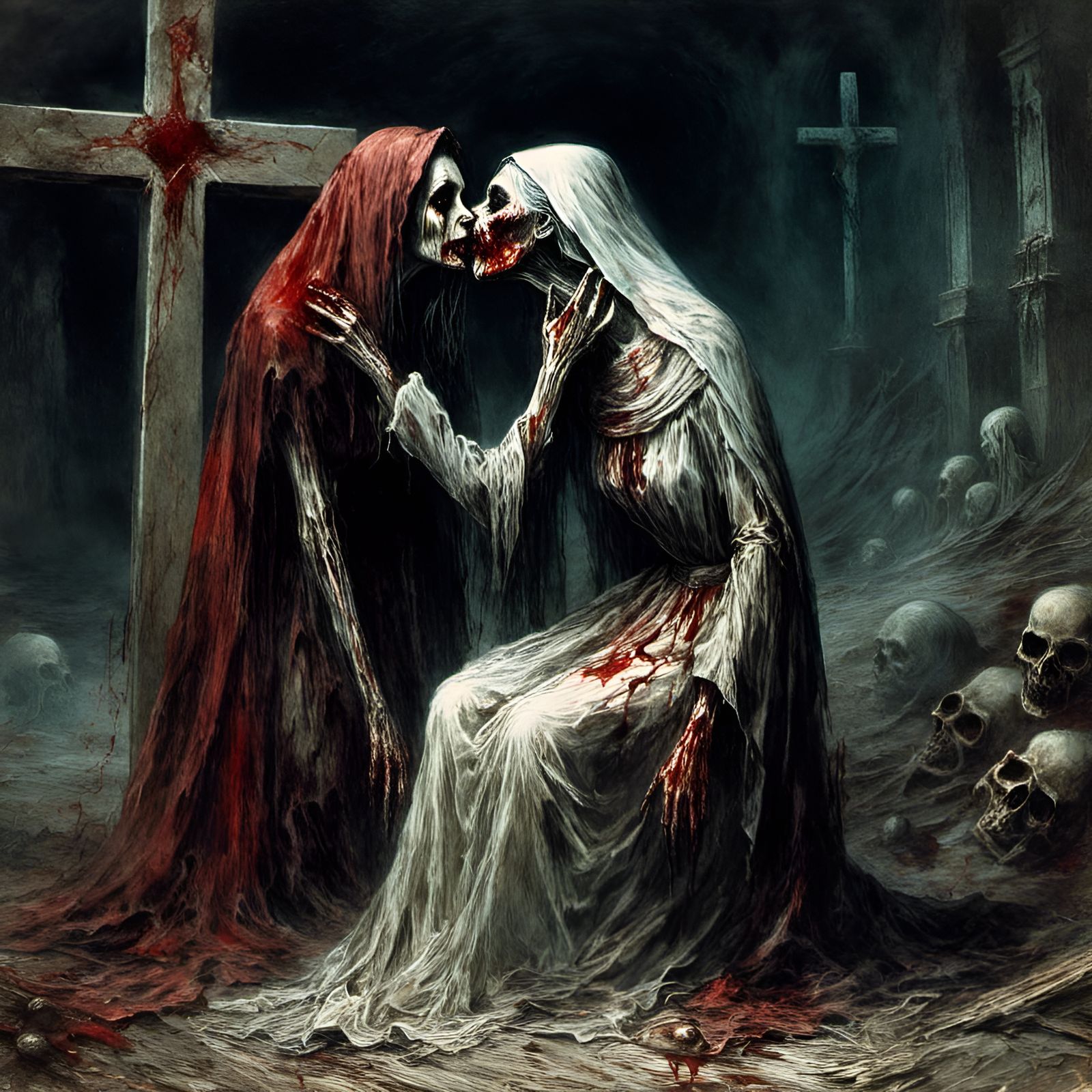 Zombie Nuns Kissing: Macabre Horror Illustration