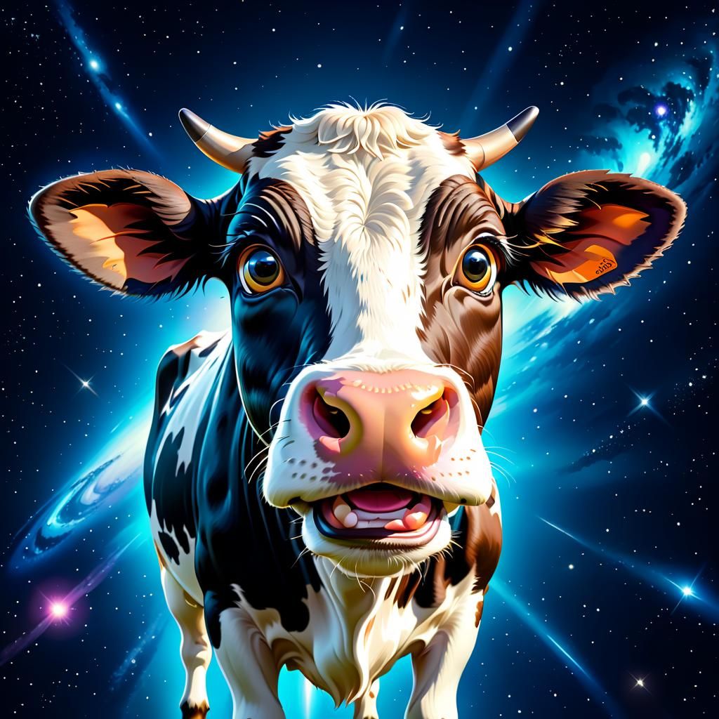 Surprised Cow Floating in Space Cartoon