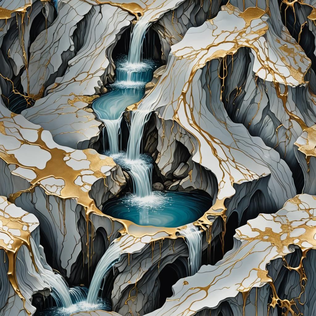 Dreamlike Surrealist Masterpiece: Kintsugi Ceramic Waterfall