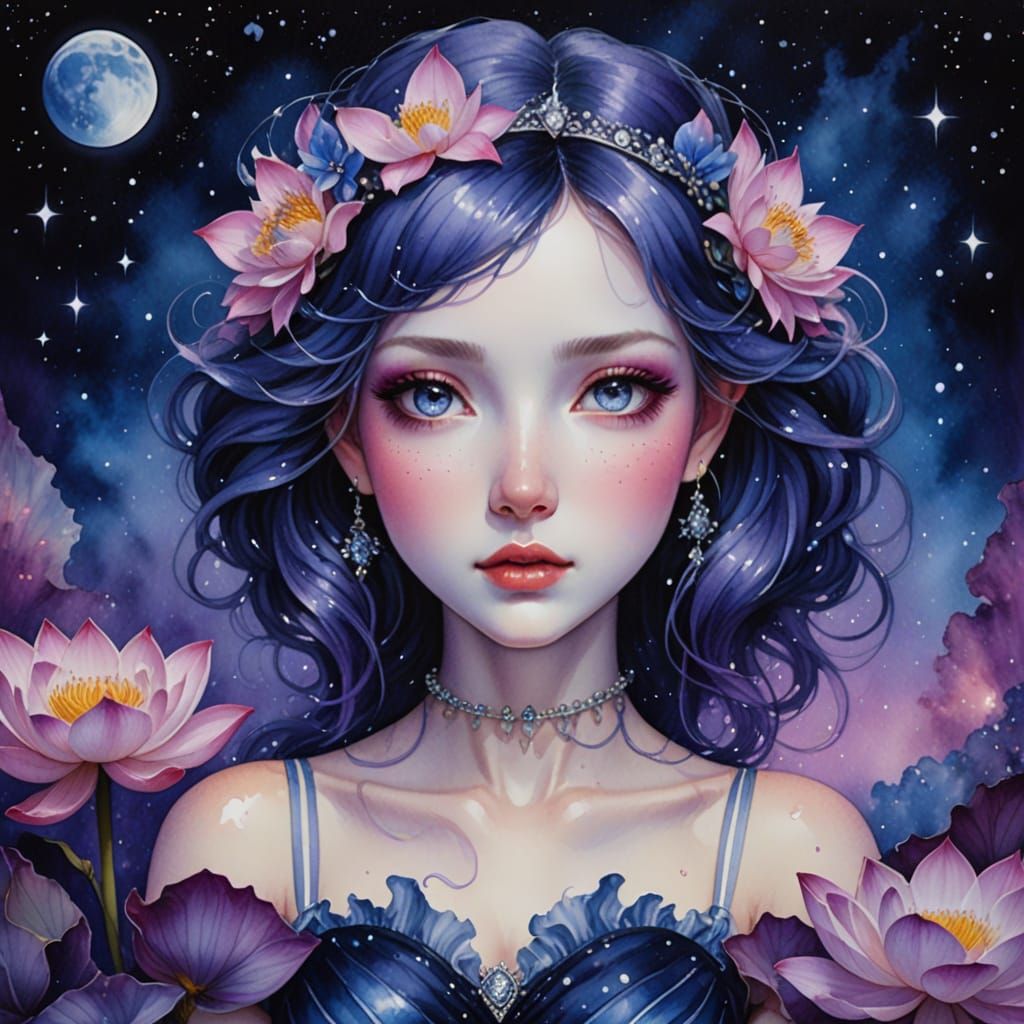 Enchanted Watercolor Fairy on a Cosmic Lotus