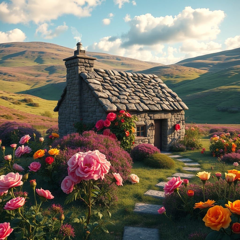 Whimsical Scottish Highlands Cottage Amidst Vibrant Roses